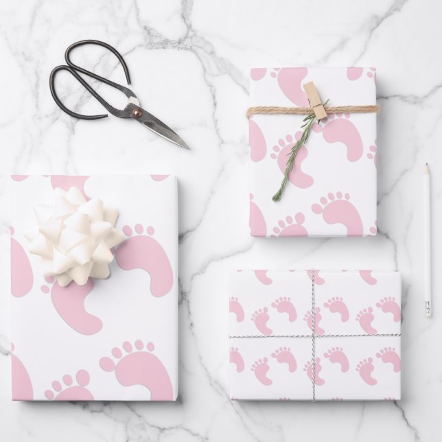 Cute Baby Footprints Pink Girl Theme Wrapping Paper Sheet (Front)