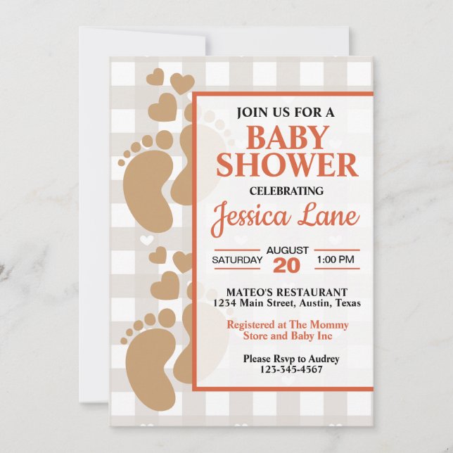 Cute Baby Footprints with Hearts Shower Invitation (Front)