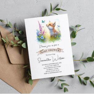 Cute Baby Fox and Butterfly Baby Shower Invitation