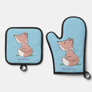 Cute baby fox cartoon illustration oven mitt & pot holder set