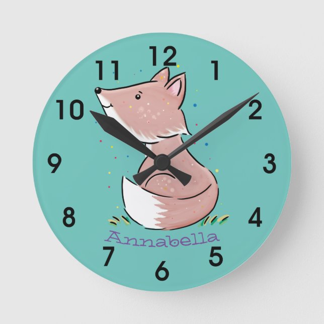 Cute baby fox cartoon illustration round clock (Front)