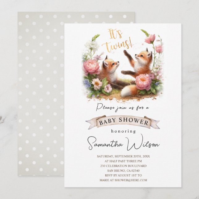 Cute Baby Fox C'est jumeaux Baby shower Invitation (Devant / Derrière)