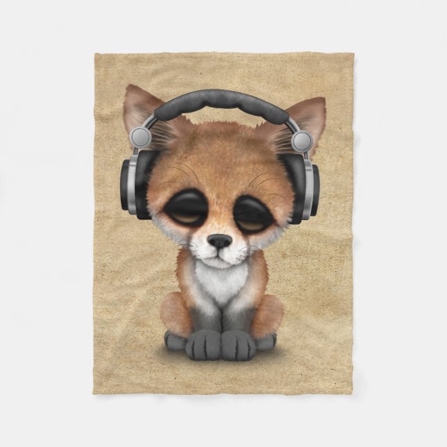 Cute Baby Fox Dj Wearing Headphones Fleece Blanket (Front)