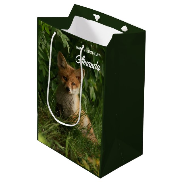 Cute Baby Fox in a Green Forest Birthday Medium Gift Bag (Front Angled)