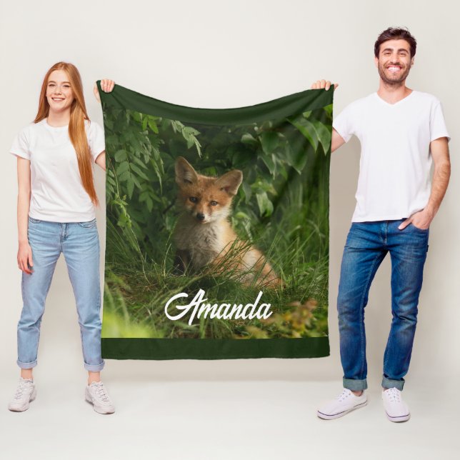 Cute Baby Fox in a Green Forest Fleece Blanket (In Situ)