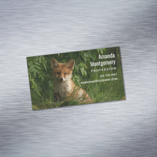 Cute Baby Fox in a Green Forest Magnetic Business Card (In Situ)