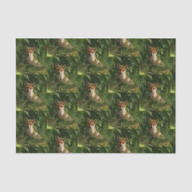 Cute Baby Fox in a Green Forest Pattern Tissue Paper (Front)