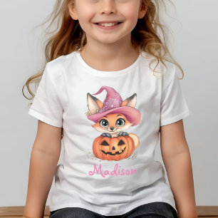 Cute Baby Fox Witch Hat Pumpkin Personalized Name T-Shirt