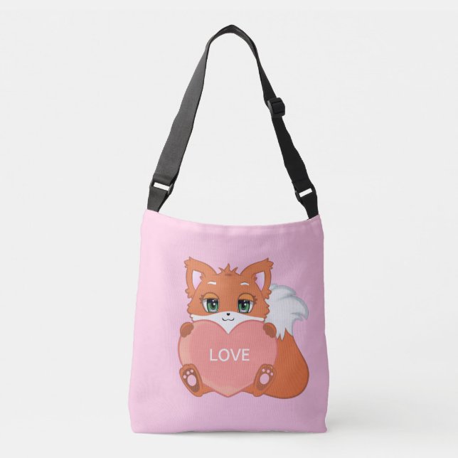 Cute Baby Fox with Heart on Pink Crossbody Bag (Front)
