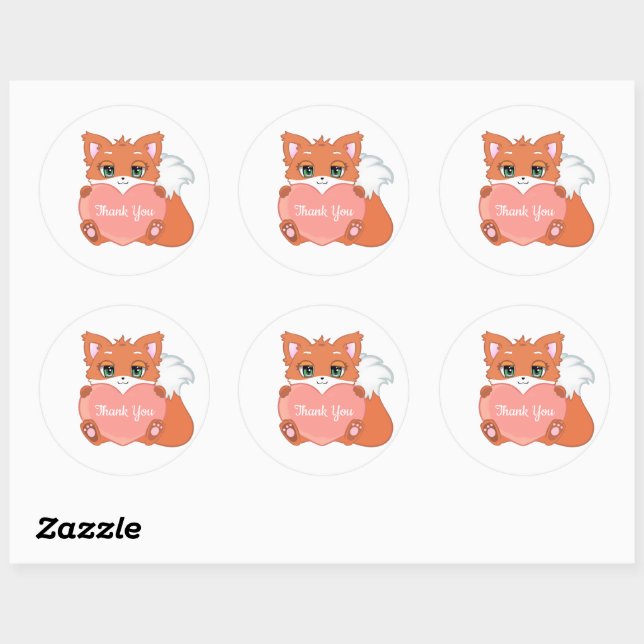 Cute Baby Fox with Heart Thank You Classic Round S Sticker (Sheet)