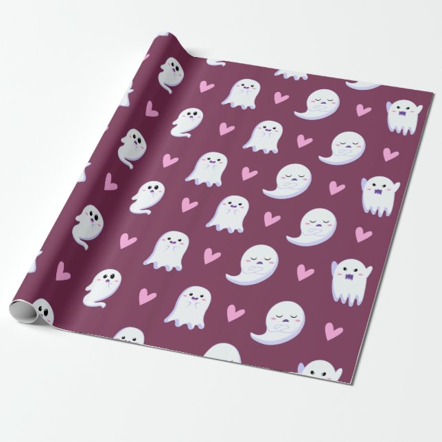 Cute Baby Ghost & Pink Heart Pattern Spooky Funny Wrapping Paper (Unrolled)