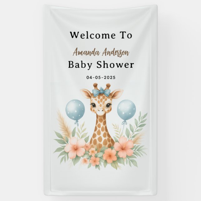 Cute Baby Giraffe Boy Baby Shower | Blue Safari Banner (Vertical)