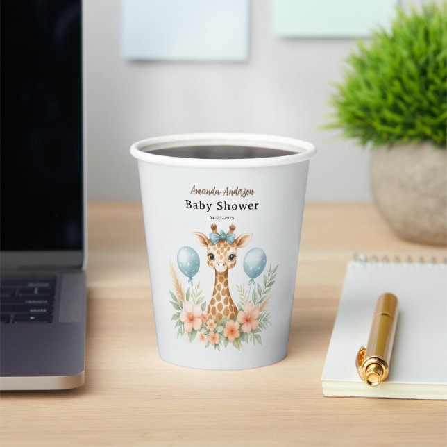 Cute Baby Giraffe Boy Baby Shower | Blue Safari Paper Cups (Insitu)
