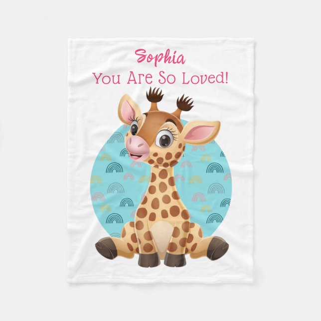 Cute Baby Giraffe Cartoon, Child's Name & Message Fleece Blanket (Front)