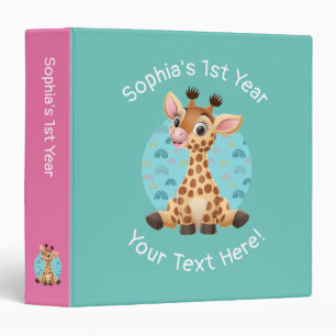 Cute Baby Giraffe Cartoon, DIY Name & Info, Teal Binder