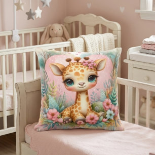 Cute Baby Giraffe Floral Nursery Throw Pillow