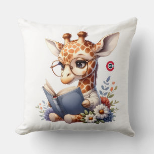 Cute Baby Giraffe Reading Book with Glasses Throw Pillow