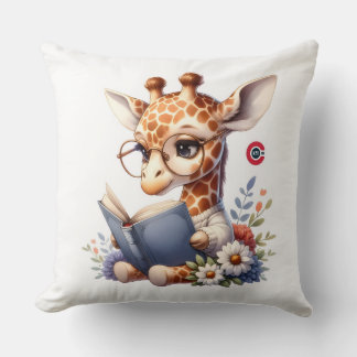 Cute Baby Giraffe Reading Book with Glasses Throw  Throw Pillow
