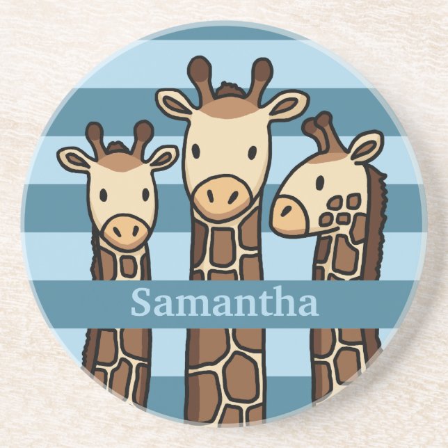 Cute Baby Giraffe Trio, Add Child's Name Coaster (Front)