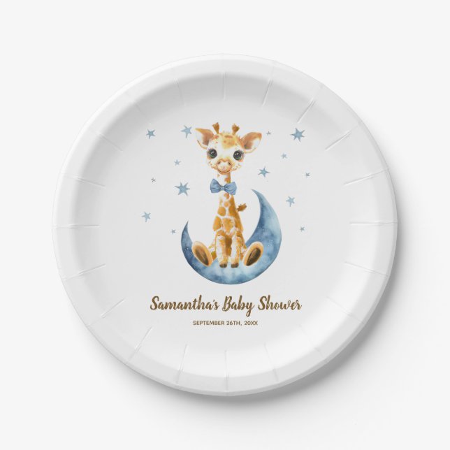 Cute Baby Giraffe Watercolor Baby Shower Boy Paper Plate (Front)