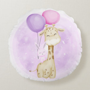 CUTE BABY GIRAFFE WITH BALLOONS SLEEPING ELEPHANT ROUND PILLOW