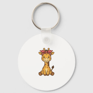 Cute Baby Giraffe with Bow Vintage Vector Design_1 Keychain