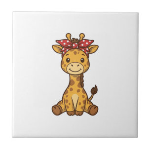 Cute Baby Giraffe with Bow Vintage Vector Design_1 Tile