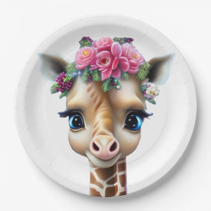 Cute Baby Giraffe with Flowers and Holly Paper Plate
