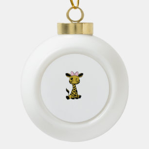 cute Baby Giraffe with pink bow Ceramic Ball Christmas Ornament