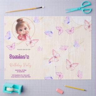 Cute Baby Girl Birthday Party Invitation with Pink Tissue Paper