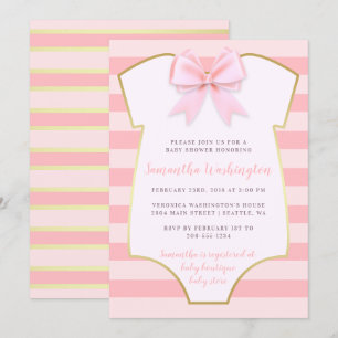 Cute Baby Girl Blush Pink Bow & Gold Baby Shower Invitation