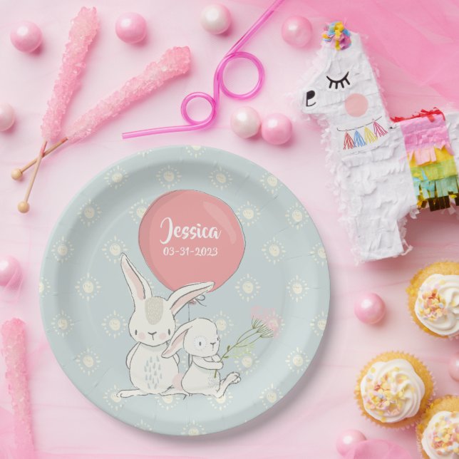 Cute baby girl bunny with name paper plate (Party)