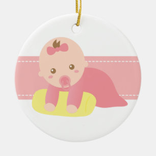 Cute Baby Girl Crawling with Pillow Ceramic Ornament
