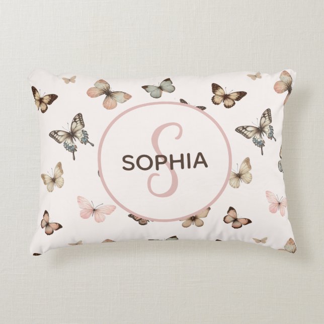Cute Baby Girl Custom Monogram Butterfly Pattern Accent Pillow (Front)