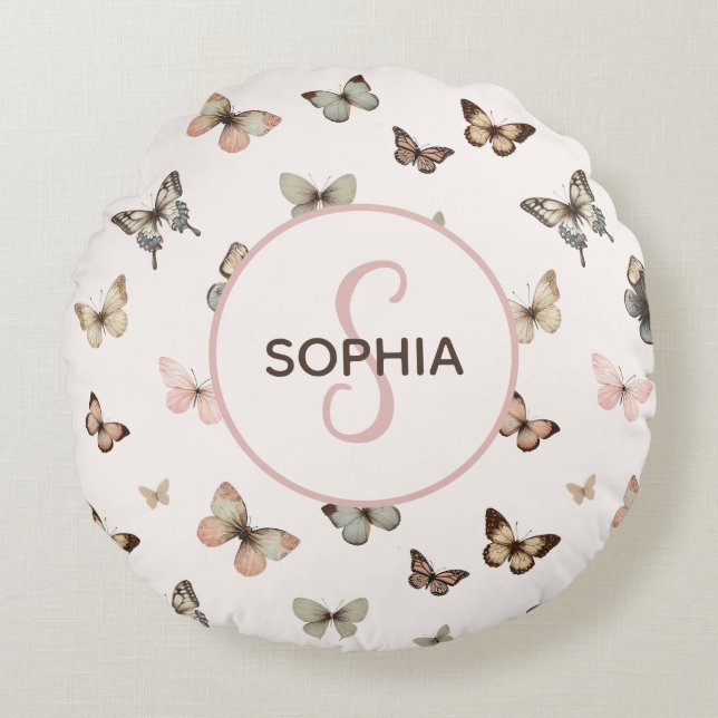 Cute Baby Girl Custom Monogram Butterfly Pattern Round Pillow (Front)