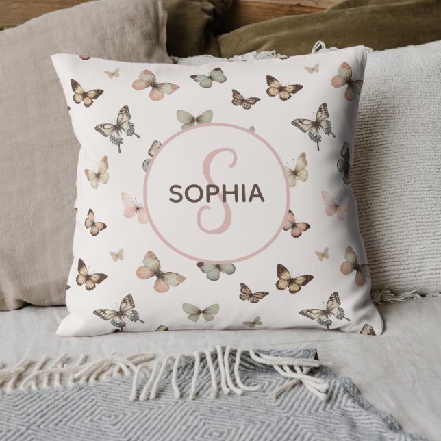Cute Baby Girl Custom Monogram Butterfly Pattern Throw Pillow (Custom Butterfly Pillow with Name - Personalized Home Decor, Unique Gift, Whimsical Design)
