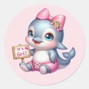 Cute baby girl dolphin classic round sticker
