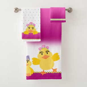 Cute Baby Girl Ducks on Pink & White Bath Towel Set