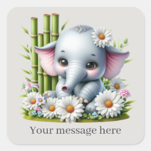 Cute baby girl elephant add message  square sticker