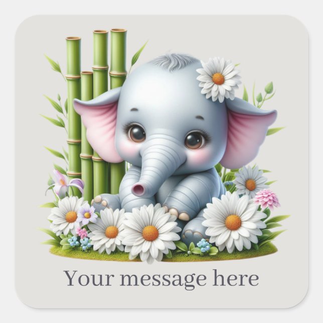 Cute baby girl elephant add message  square sticker (Front)