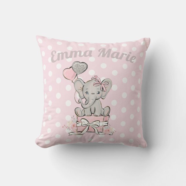 Cute Baby Girl Elephant Balloons Pink Silver Throw Pillow (Front)