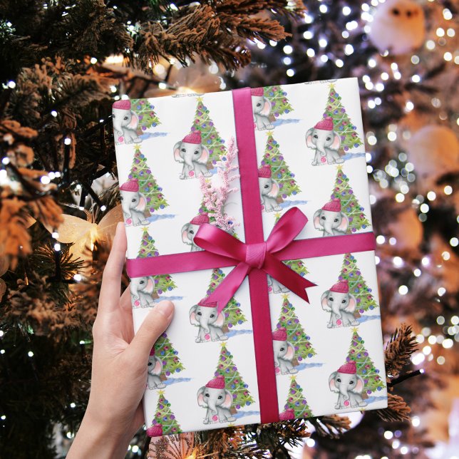 Cute Baby Girl Elephant Christmas Tree Wrapping Paper (Creator Uploaded)