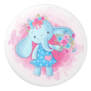Cute Baby Girl Elephant Flowers Pink Bow Cartoon Ceramic Knob