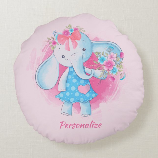 Cute Baby Girl Elephant Flowers Pink Bow Cartoon Round Pillow (Back)