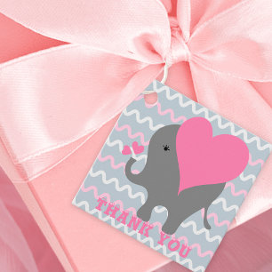 Cute Baby Girl Elephant On Wavy Pattern Thank You Favour Tags