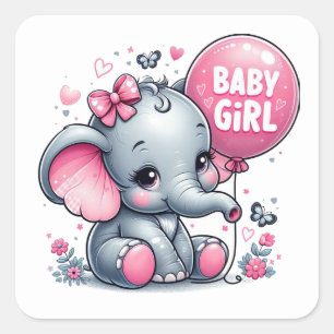 Cute Baby Girl Elephant with Flowers, Hearts Square Sticker