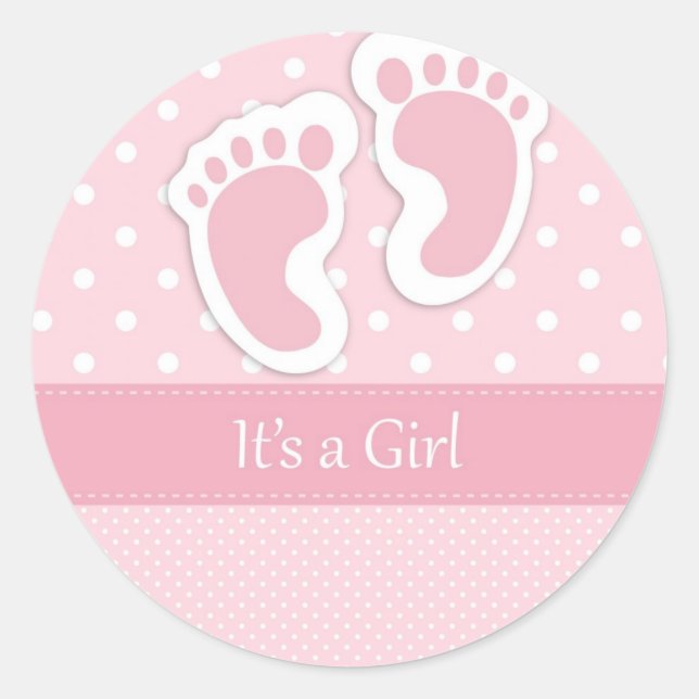Cute Baby Girl Footprints Adorable Pattern Shower Classic Round Sticker (Front)