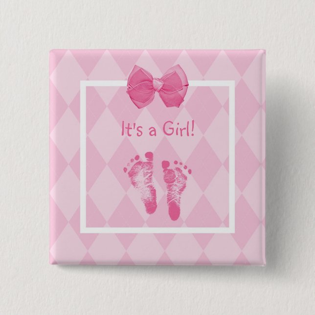 Cute Baby Girl Footprints Birth Announcement 2 Inch Square Button (Front)