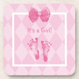 Cute Baby Girl Footprints Birth Announcement Coaster