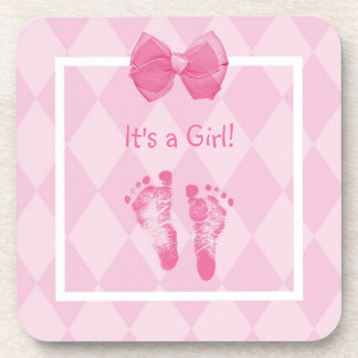 Cute Baby Girl Footprints Birth Announcement Coaster